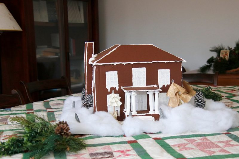 A rough, handmade gingerbread house.